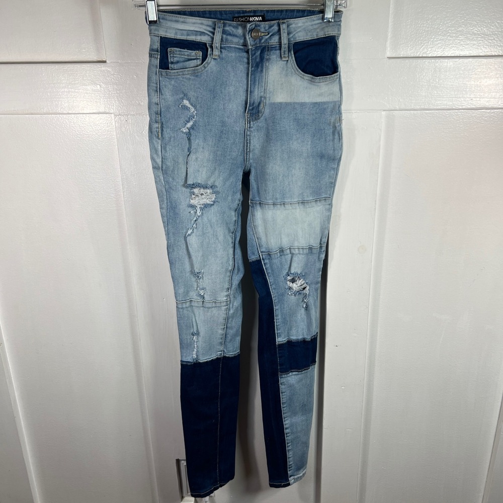 Y2K Colorblock Fashion Nova Patchwork Distressed Skinny Jeans Blue Multi Sz 3